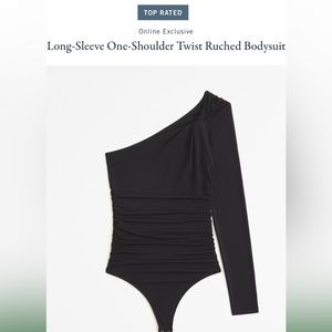 Long-Sleeve One-Shoulder Twist Ruched Bodysuit in Black